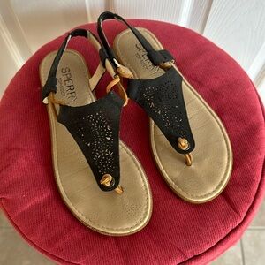 Sperry topsider black comfy stretch on thong leather sandal w/ non mark sole. 6